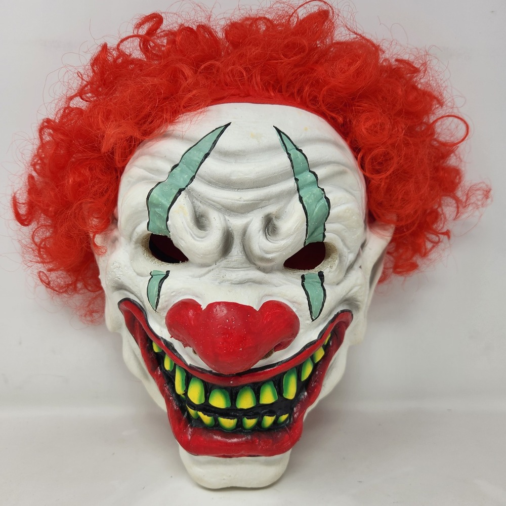 Scary Evil Clown Mask Red Curly Hair Horror Halloween Costume Accessory Adult